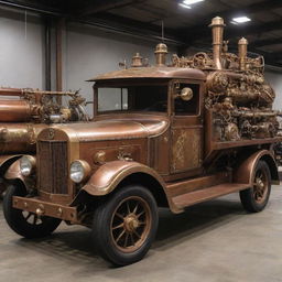 Trucks refashioned in a steampunk style, showcasing vintage-inspired design, intricate details in brass and copper, steam-powered engines, and elaborate gear mechanisms.