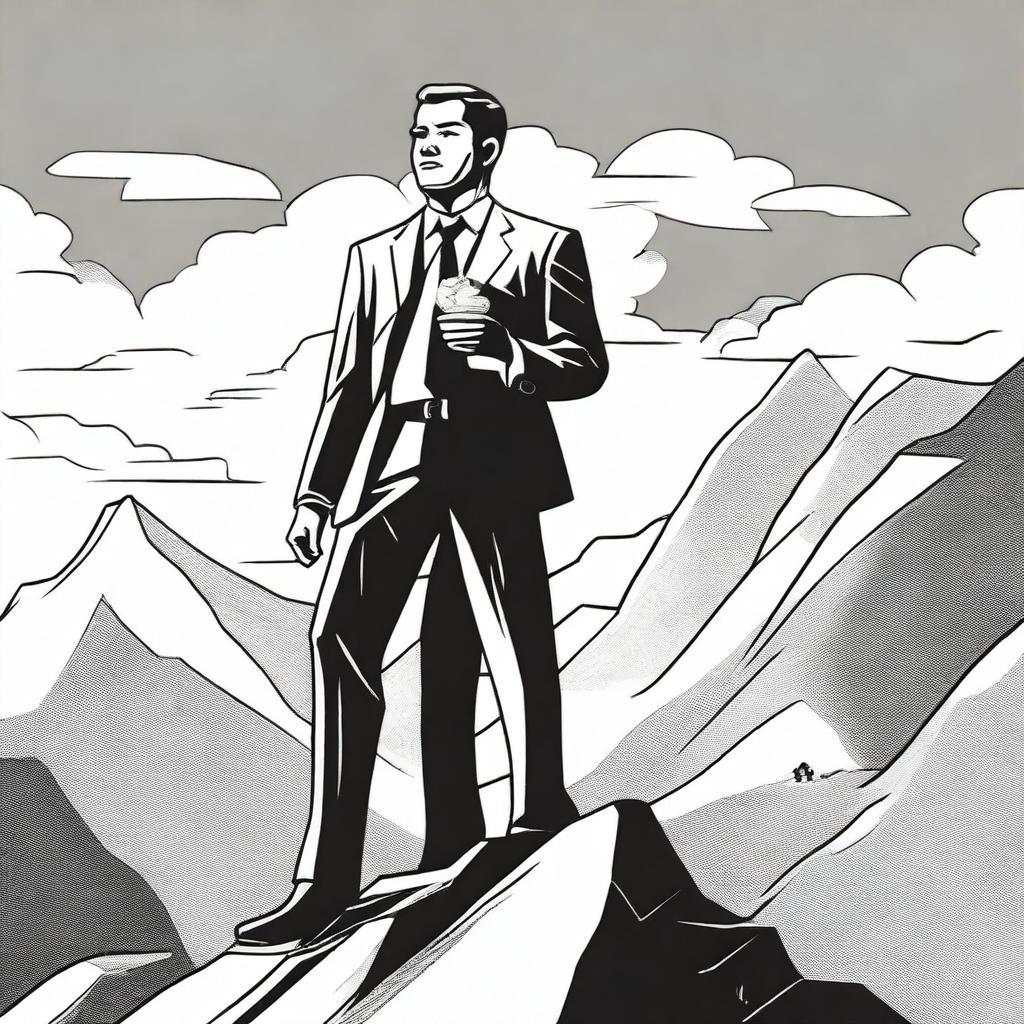 A black and white drawing of a businessman reaching the top of a mountain, holding an honor medal