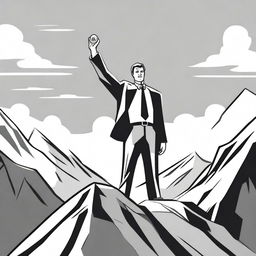 A black and white drawing of a businessman reaching the top of a mountain, holding an honor medal