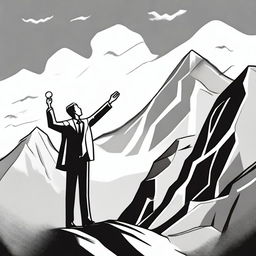 A black and white drawing of a businessman reaching the top of a mountain, holding an honor medal