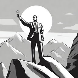 A black and white drawing of a businessman reaching the top of a mountain, holding an honor medal