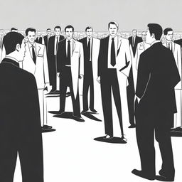 A black and white drawing of a businessman standing apart from a group of people who are stealing