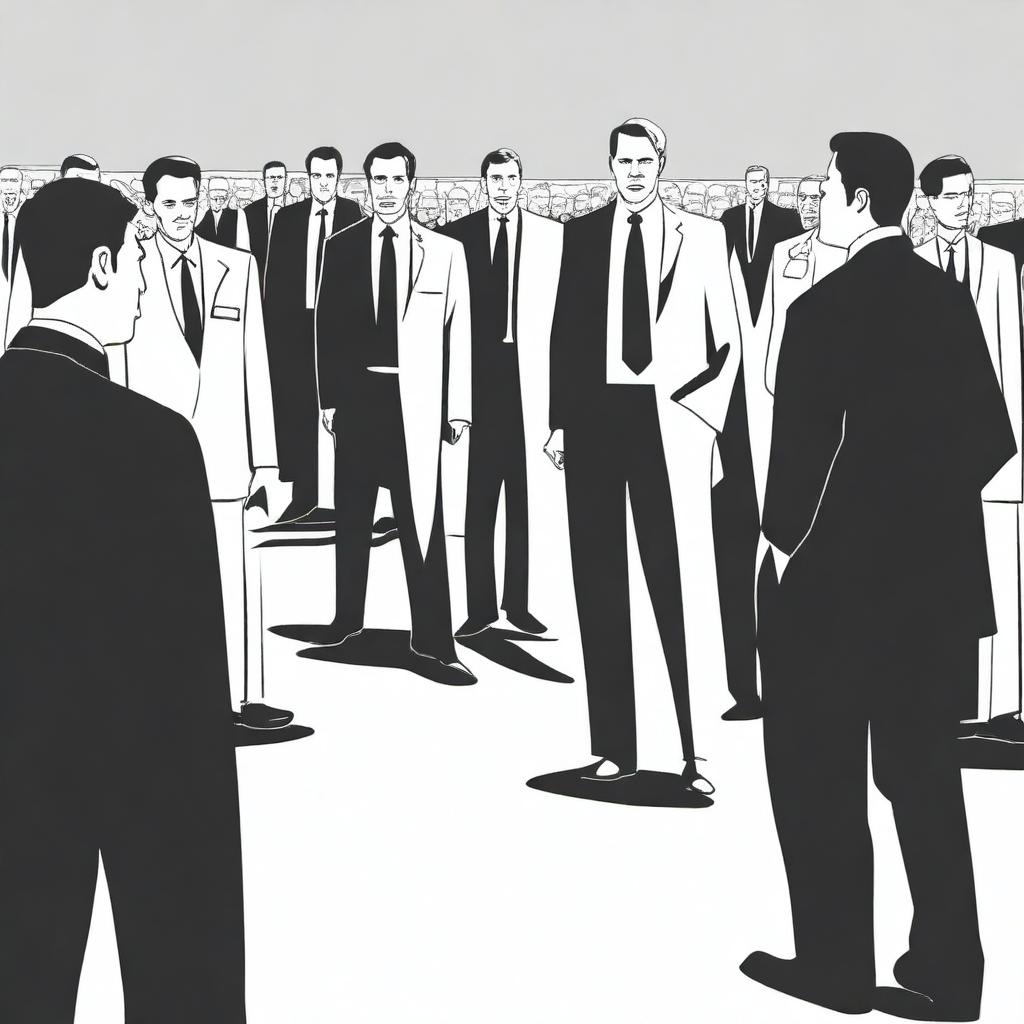 A black and white drawing of a businessman standing apart from a group of people who are stealing