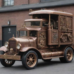 Trucks refashioned in a steampunk style, showcasing vintage-inspired design, intricate details in brass and copper, steam-powered engines, and elaborate gear mechanisms.