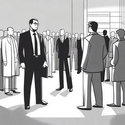 A black and white drawing of a businessman standing apart from a group of people who are stealing