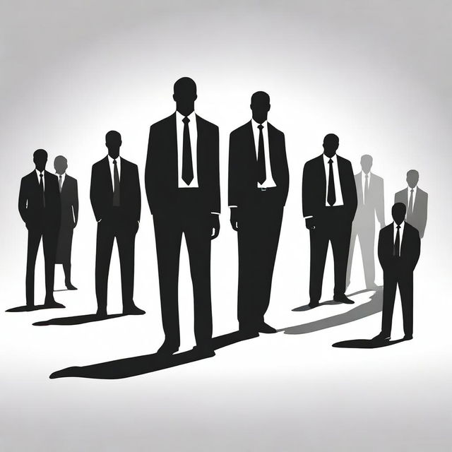 A black and white drawing of a businessman standing apart from a group of people who are stealing