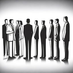 A black and white drawing of a businessman standing apart from a group of people who are stealing