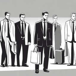 A black and white drawing of a businessman standing apart from a group of people who are stealing, all of them hiding something in their bags