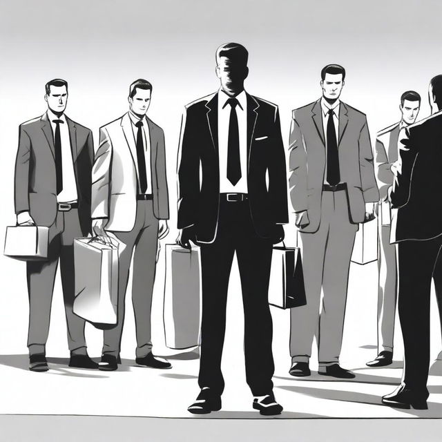 A black and white drawing of a businessman standing apart from a group of people who are stealing, all of them hiding something in their bags