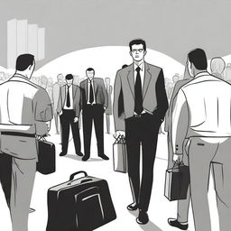 A black and white drawing of a businessman standing apart from a group of people who are stealing, all of them hiding something in their bags