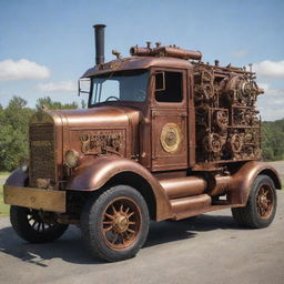 Trucks refashioned in a steampunk style, showcasing vintage-inspired design, intricate details in brass and copper, steam-powered engines, and elaborate gear mechanisms.