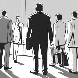 A black and white drawing of a businessman standing apart from a group of people who are stealing, all of them hiding something in their bags