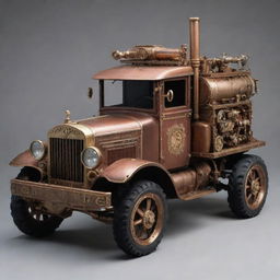 Trucks refashioned in a steampunk style, showcasing vintage-inspired design, intricate details in brass and copper, steam-powered engines, and elaborate gear mechanisms.