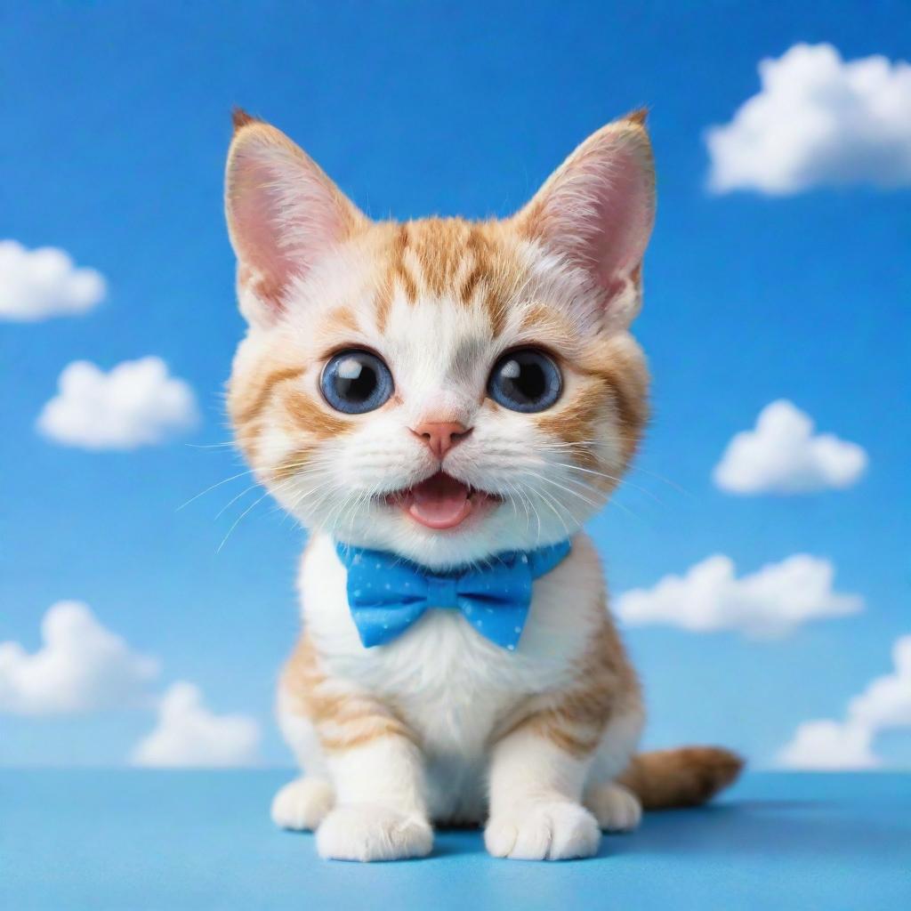 A cute chibi cat with braces set against a vibrant blue sky