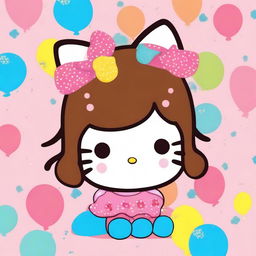 A cute image of Hello Kitty with medium brown hair and adorable freckles on her cheeks