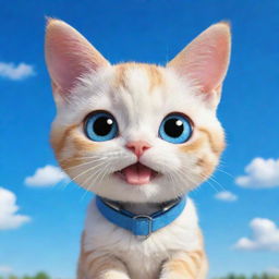 A cute chibi cat with braces set against a vibrant blue sky