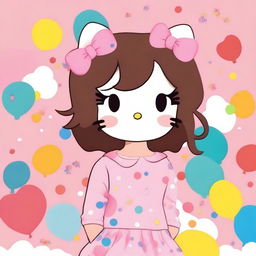 A cute image of Hello Kitty with medium brown hair and adorable freckles on her cheeks