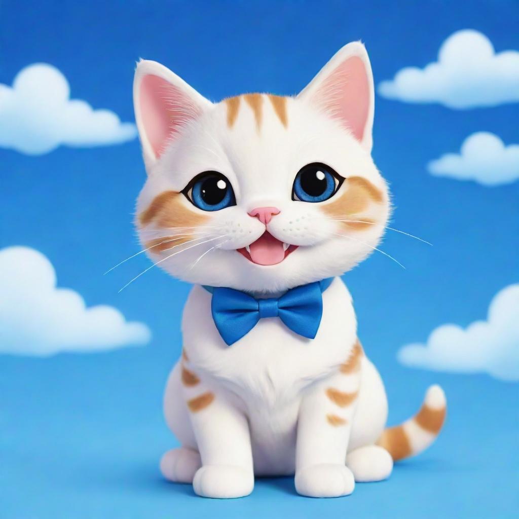 A cute chibi cat with braces set against a vibrant blue sky