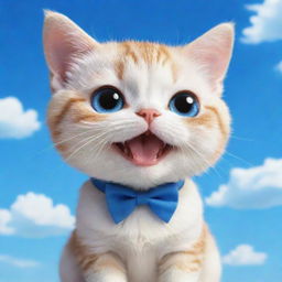 A cute chibi cat with braces set against a vibrant blue sky