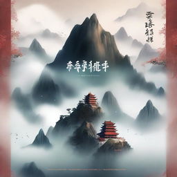 Create a cover for a Xianxia novel featuring a majestic mountain floating in the sky, surrounded by ethereal mist and clouds