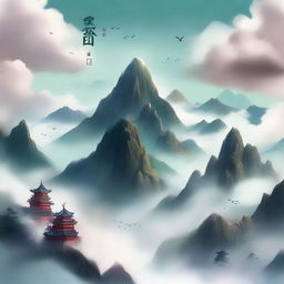 Create a cover for a Xianxia novel featuring a majestic mountain floating in the sky, surrounded by ethereal mist and clouds