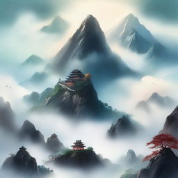 Create a cover for a Xianxia novel featuring a majestic mountain floating in the sky, surrounded by ethereal mist and clouds