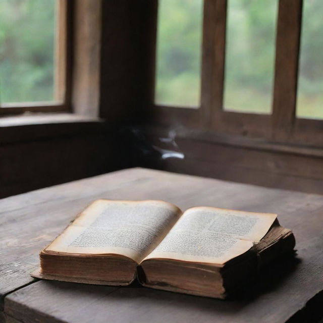 A thick, ancient book magically floating over a rustic wooden table, pages softly flipping as an unseen breeze fills the room.