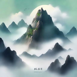 Create a cover for a Xianxia novel featuring a majestic mountain floating in the sky, surrounded by ethereal mist and clouds