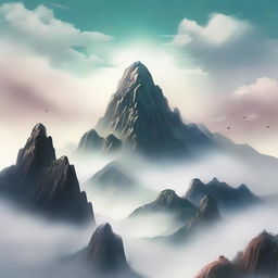 Create a cover for a Xianxia novel featuring a majestic mountain floating in the sky, surrounded by ethereal mist and clouds