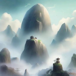 Create a cover for a Xianxia novel featuring a giant boulder floating in the sky, surrounded by ethereal mist and clouds