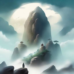 Create a cover for a Xianxia novel featuring a giant boulder floating in the sky, surrounded by ethereal mist and clouds