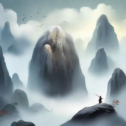 Create a cover for a Xianxia novel featuring a giant boulder floating in the sky, surrounded by ethereal mist and clouds