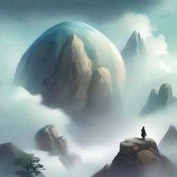 Create a cover for a Xianxia novel featuring a giant boulder floating in the sky, surrounded by ethereal mist and clouds