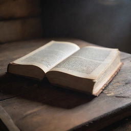 A thick, ancient book magically floating over a rustic wooden table, pages softly flipping as an unseen breeze fills the room.