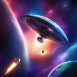 A captivating space exploration scene in digital art, featuring a futuristic spaceship navigating through a galaxy with vibrant stars and planets in the background