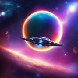 A captivating space exploration scene in digital art, featuring a futuristic spaceship navigating through a galaxy with vibrant stars and planets in the background