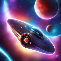 A captivating space exploration scene in digital art, featuring a futuristic spaceship navigating through a galaxy with vibrant stars and planets in the background