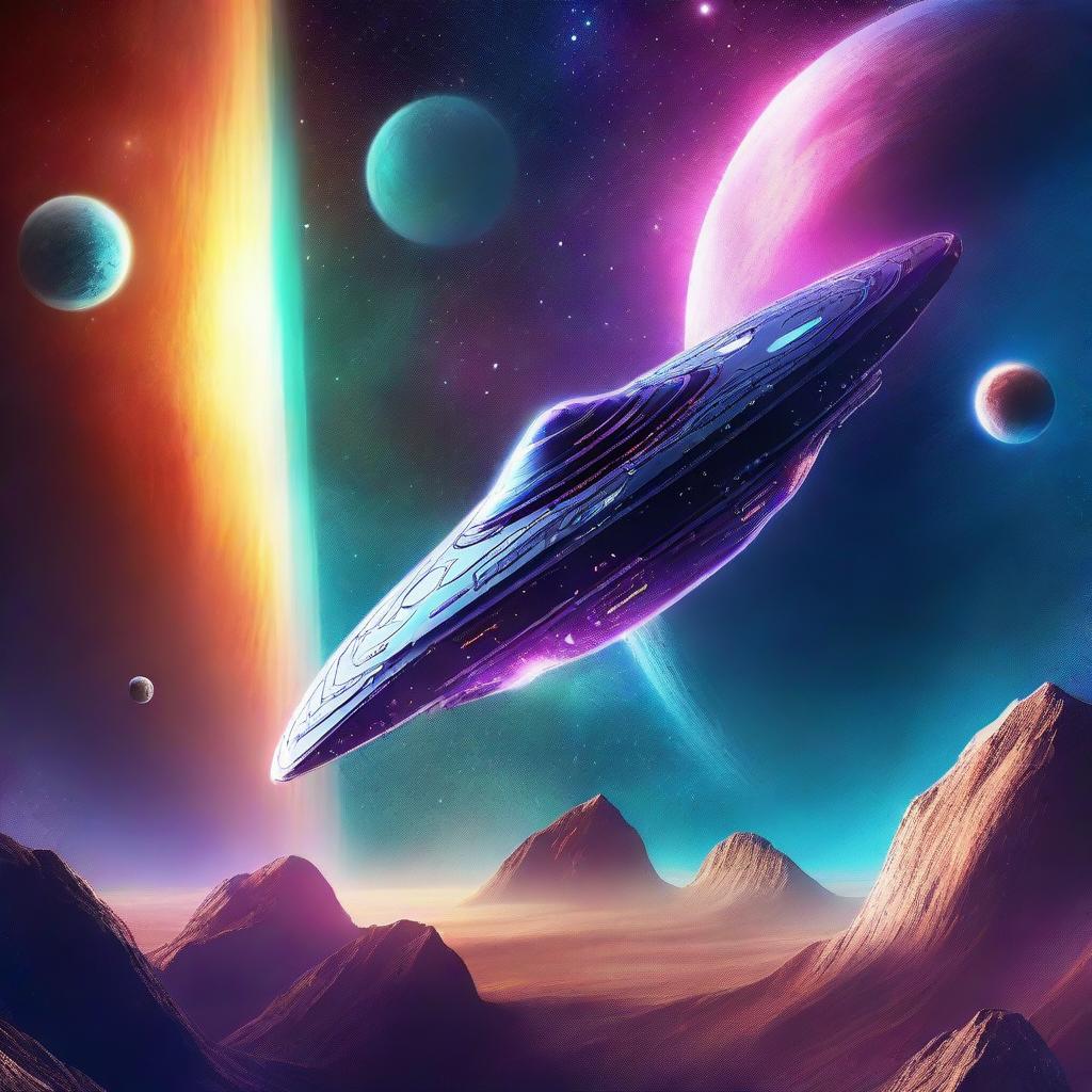 A captivating space exploration scene in digital art, featuring a futuristic spaceship navigating through a galaxy with vibrant stars and planets in the background