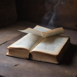 A thick, ancient book magically floating over a rustic wooden table, pages softly flipping as an unseen breeze fills the room.