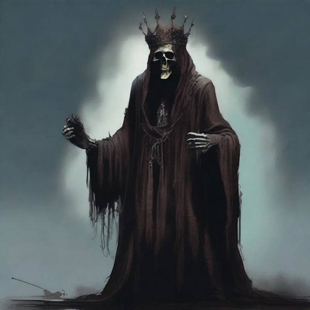 An old decrepit lich looking creature in faded and tattered dull brown, once burgundy, robes