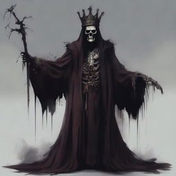 An old decrepit lich looking creature in faded and tattered dull brown, once burgundy, robes