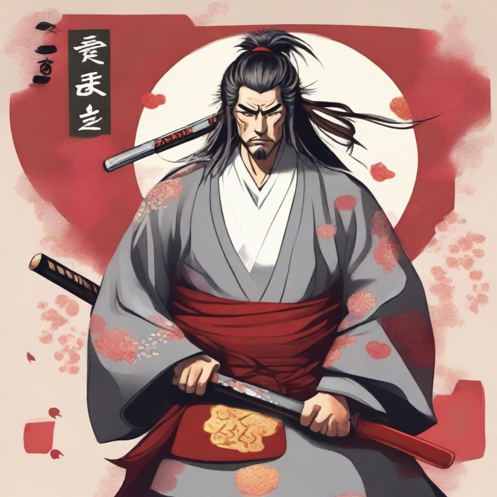 A drunken Samurai stands confidently, wearing grey robes with a white sash underneath and a brown rope serving as a belt