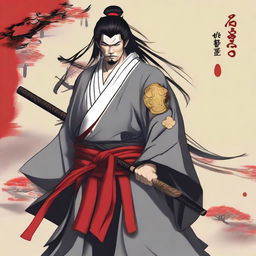 A drunken Samurai stands confidently, wearing grey robes with a white sash underneath and a brown rope serving as a belt