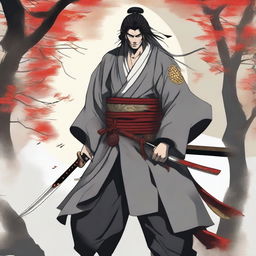 A drunken Samurai stands confidently, wearing grey robes with a white sash underneath and a brown rope serving as a belt