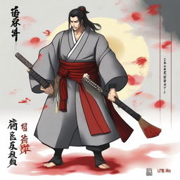 A drunken Samurai stands confidently, wearing grey robes with a white sash underneath and a brown rope serving as a belt