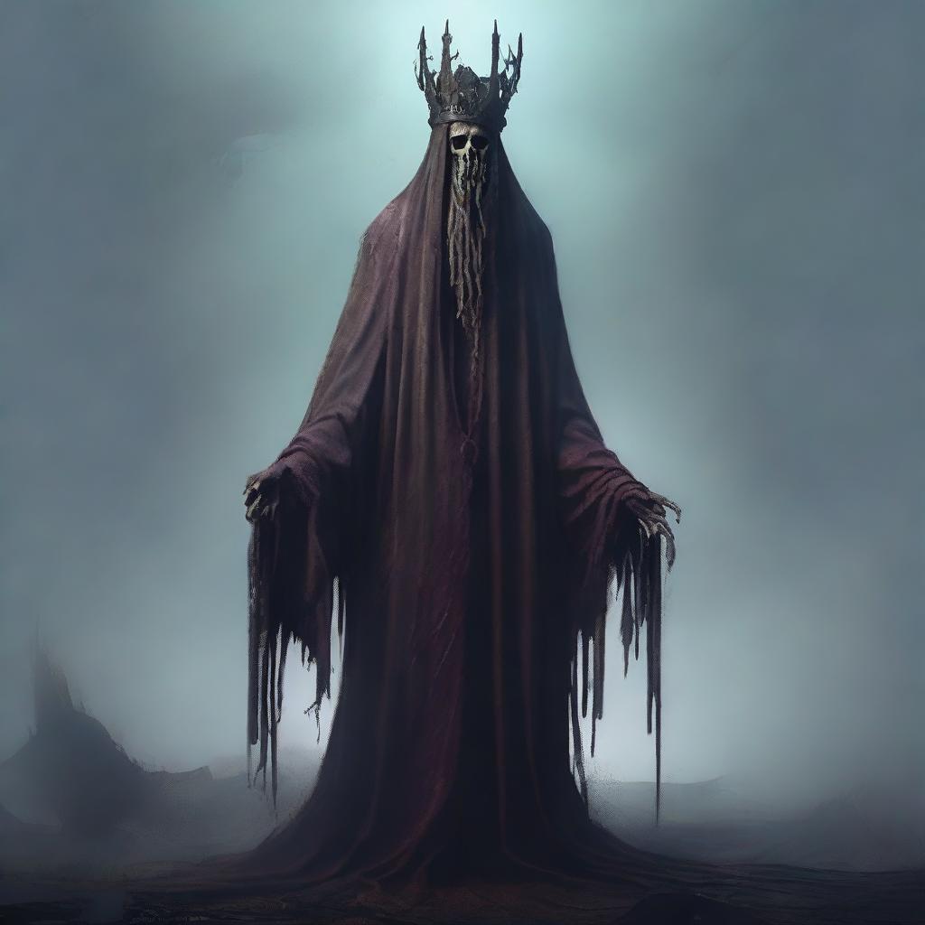 An old, decrepit lich-like creature stands in the midst of mist and shadow