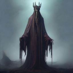 An old, decrepit lich-like creature stands in the midst of mist and shadow