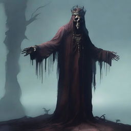 An old, decrepit lich-like creature stands in the midst of mist and shadow