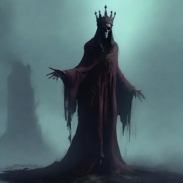 An old, decrepit lich-like creature stands in the midst of mist and shadow