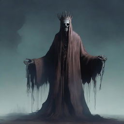 An old, decrepit lich-like creature stands in the midst of mist and shadow